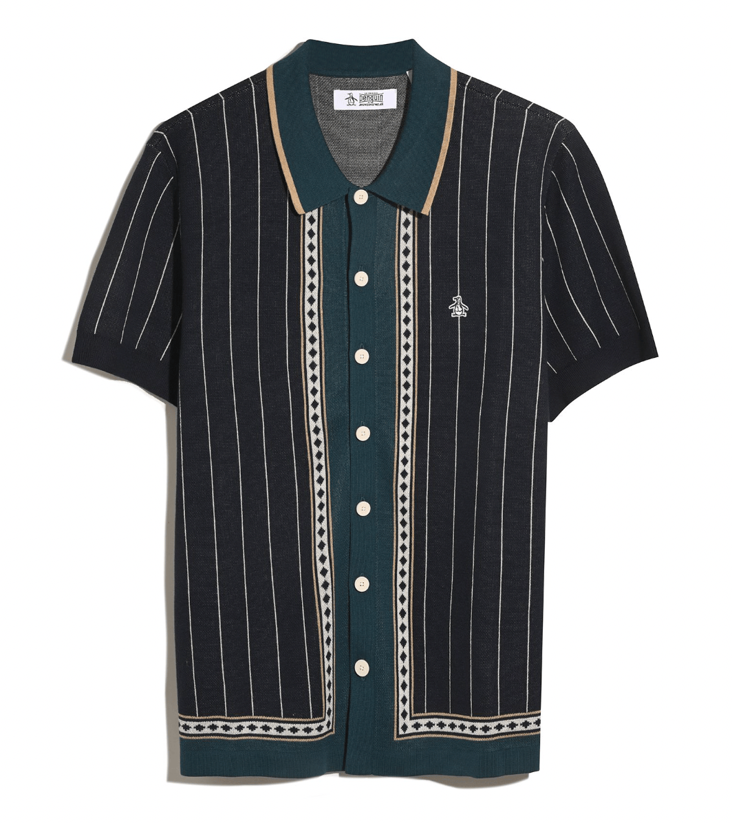 Original Penguin Jacquard Stripe Button Through Polo Shirt Dark Sapphire