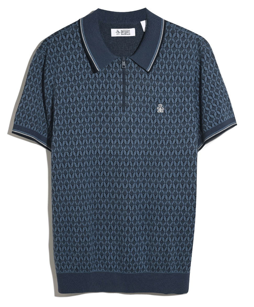 Original Penguin Jacquard Geo Print Zip Polo Shirt Sargasso Sea