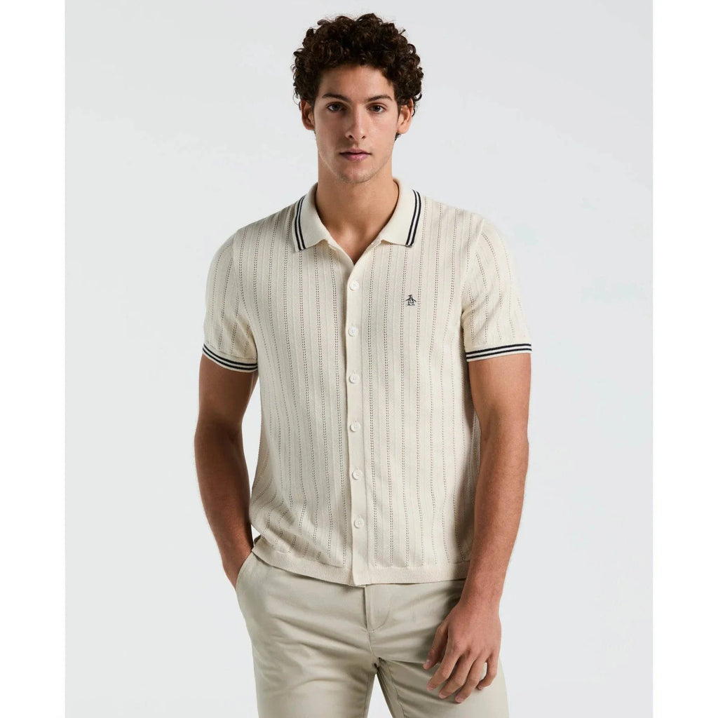Original Penguin Drop Needle Button Front Sweater Polo Shirt In Birch