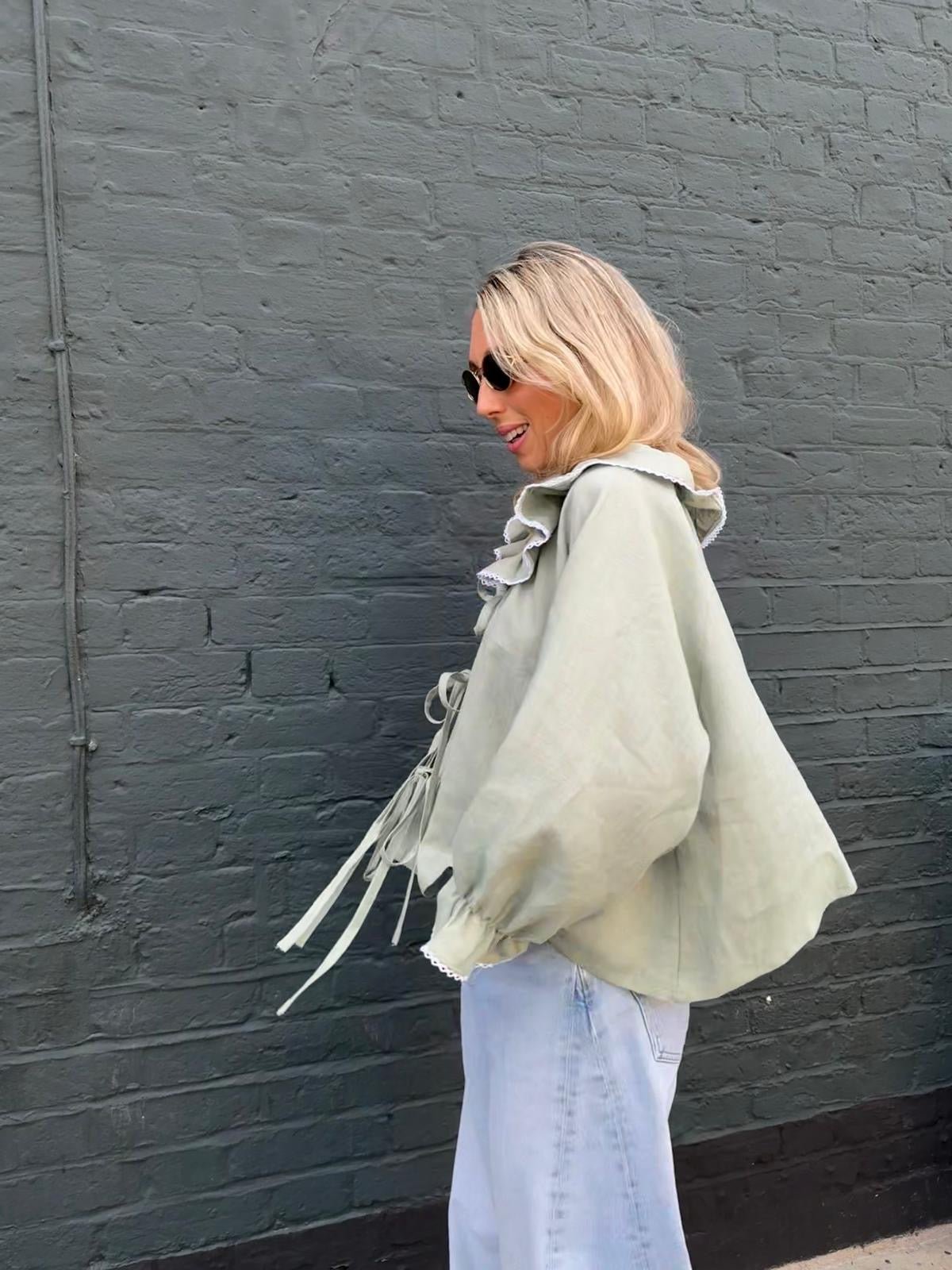 Fraise Tie Front Linen Blouse Pistachio - Image 2