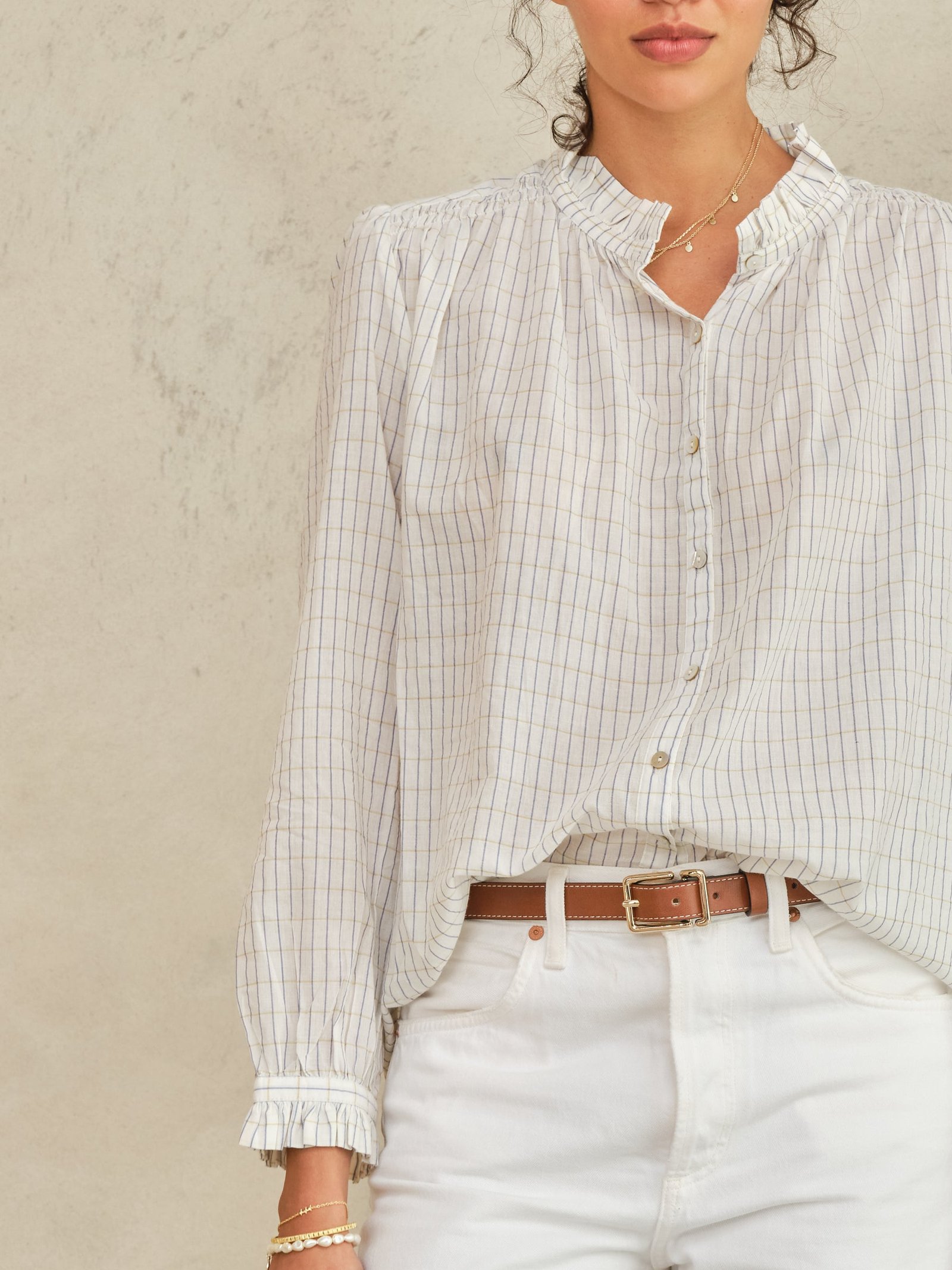 PRE-ORDER Chrissie Long Sleeve Top - Ecru/Check - Image 4