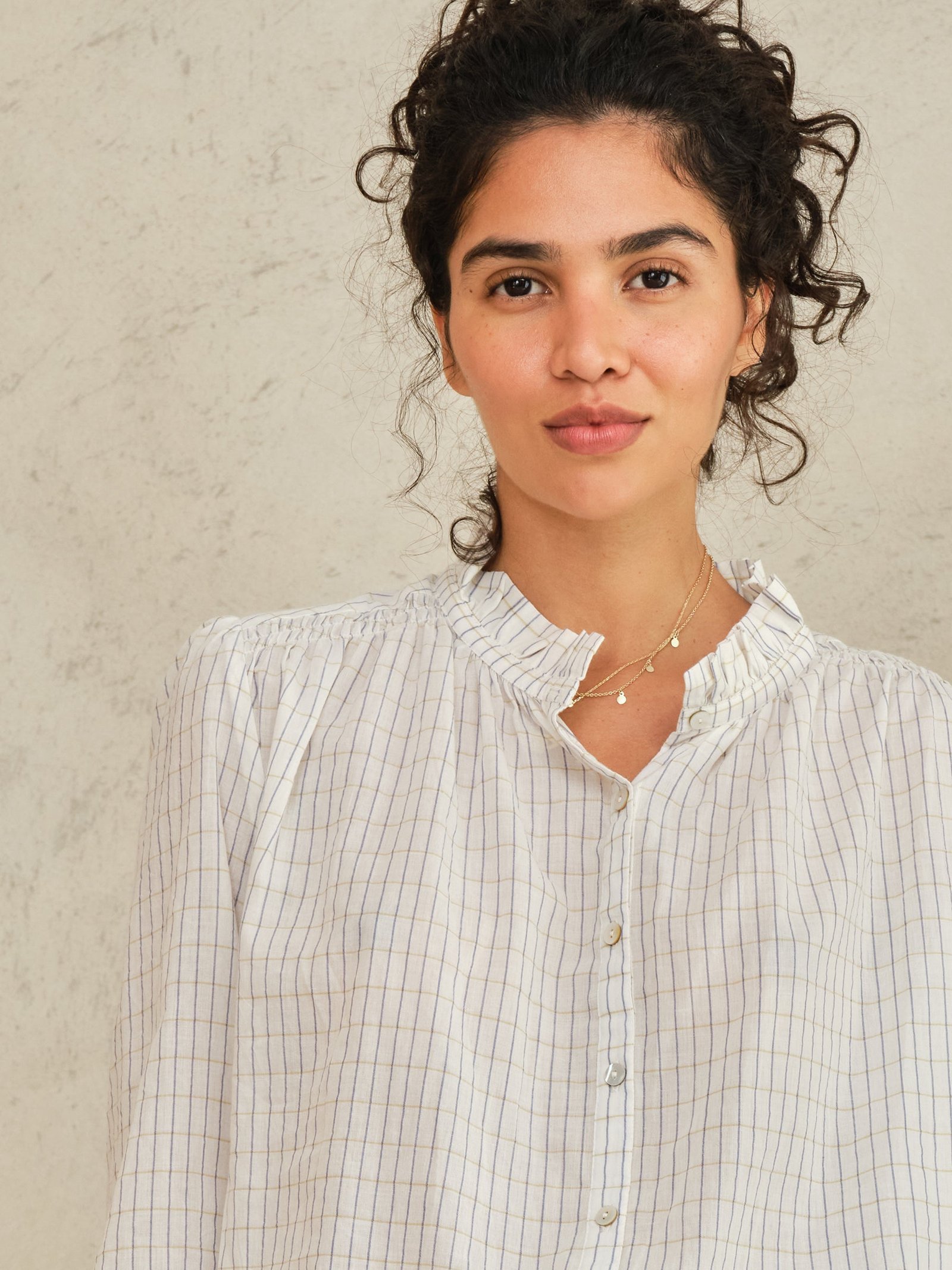 PRE-ORDER Chrissie Long Sleeve Top - Ecru/Check - Image 3