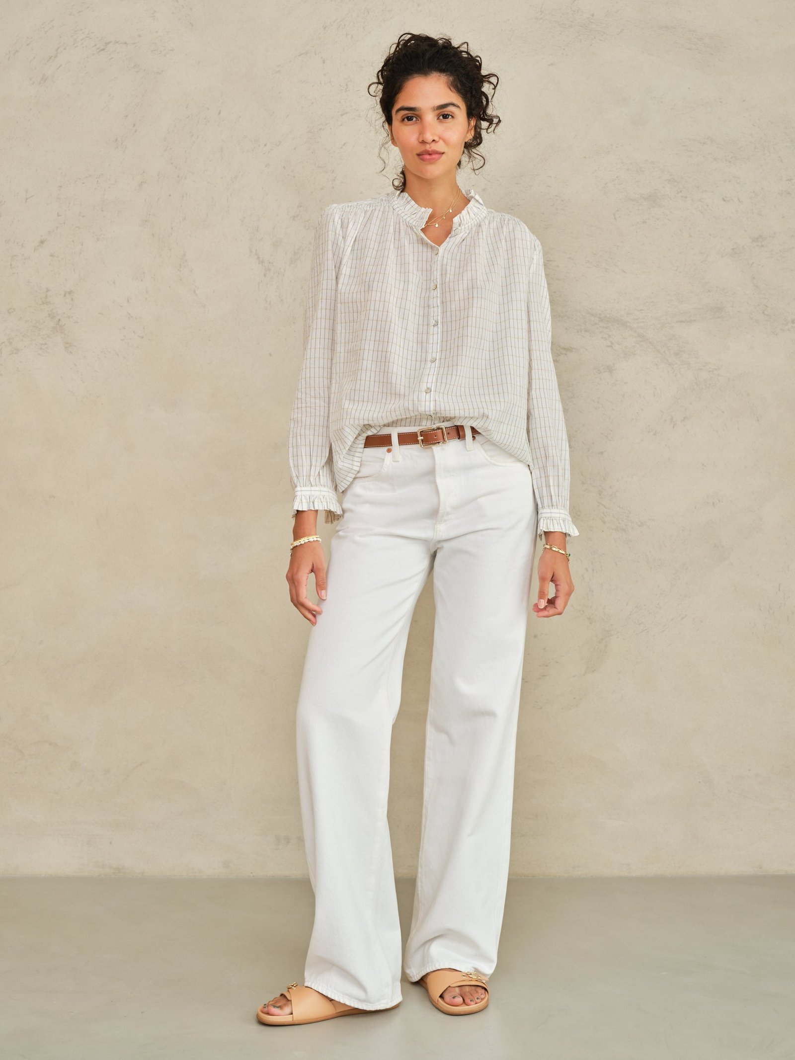 PRE-ORDER Chrissie Long Sleeve Top - Ecru/Check - Image 2