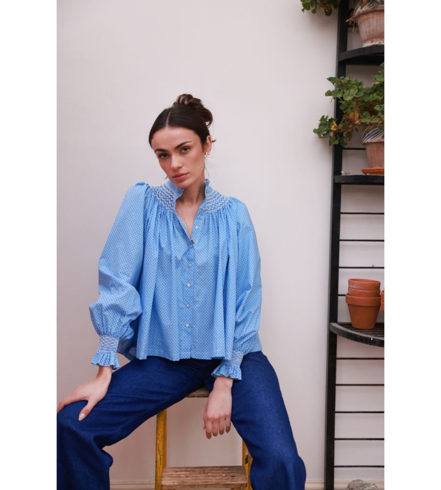 POM x Smock London Scholl Blouse - Paperwhite Ditsy