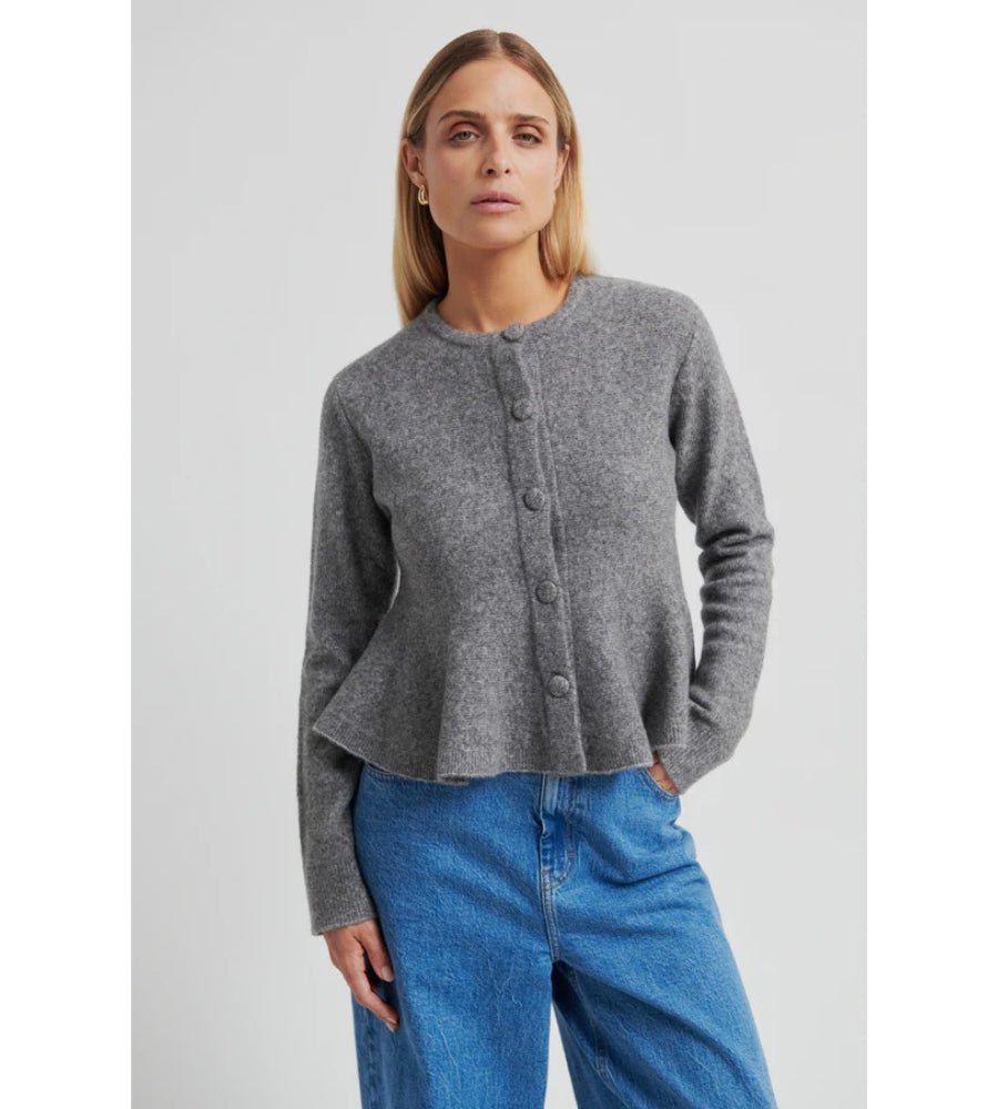 Hiva Peplum Knit Cardigan - Mid Grey Melange