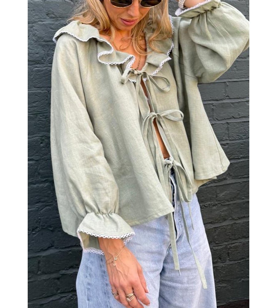Fraise Tie Front Linen Blouse Pistachio