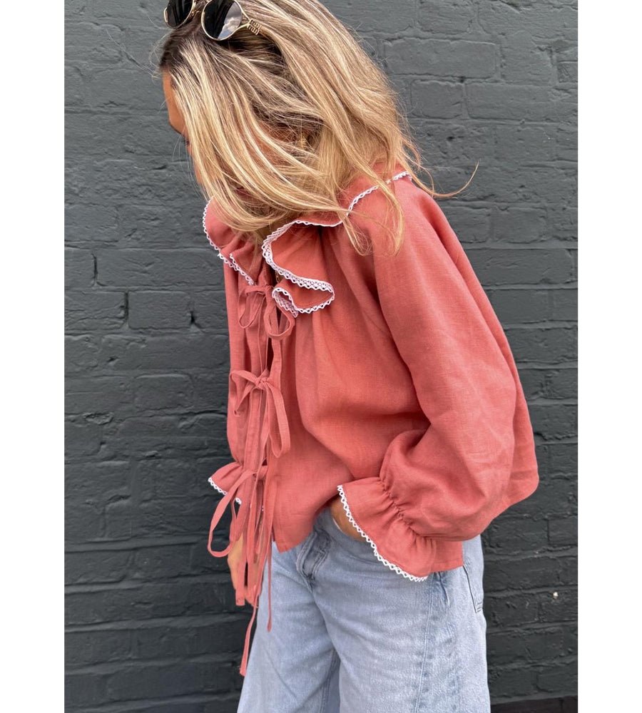Fraise Tie Front Linen Blouse Raspberry