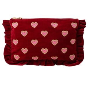 Love Hearts Velvet Frill Pouch - Rouge