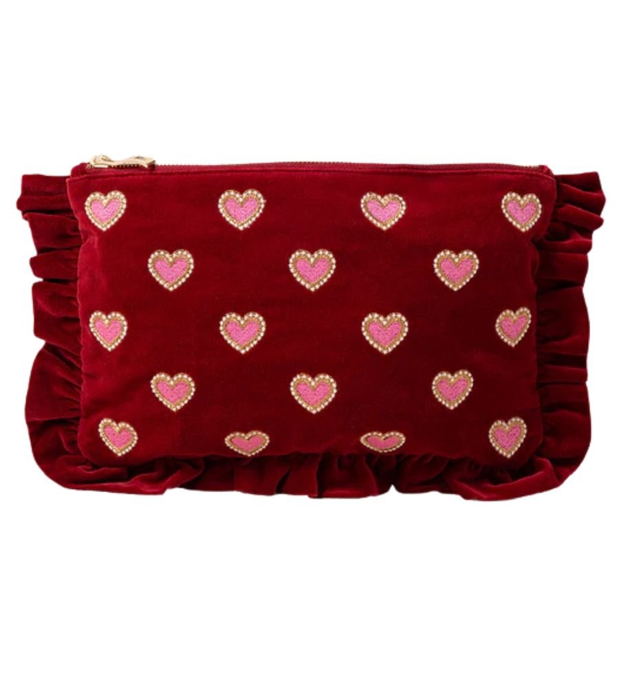 Love Hearts Velvet Frill Pouch - Rouge
