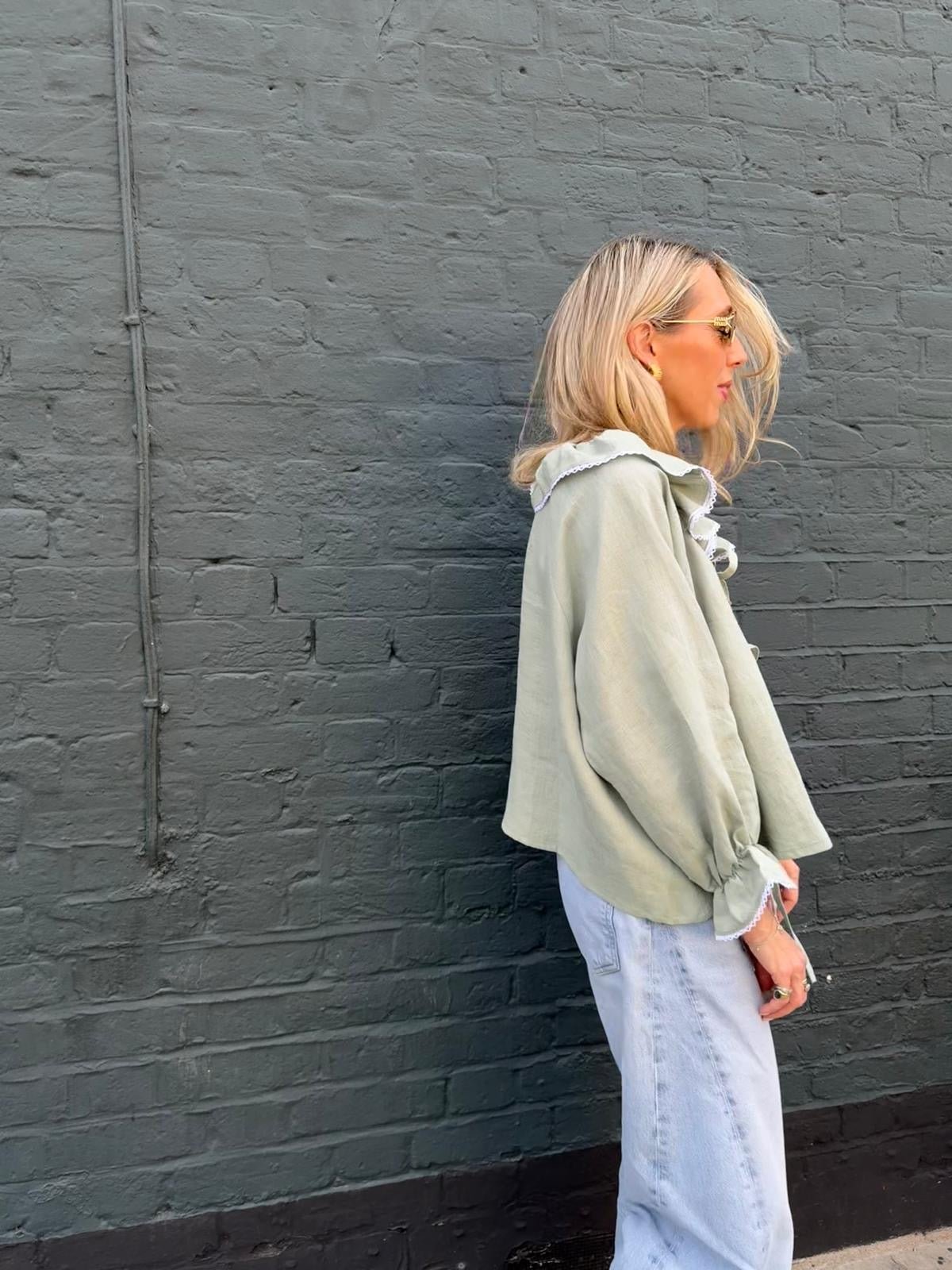 Fraise Tie Front Linen Blouse Pistachio - Image 4